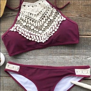 Burgundy Crochet Halter Bikini